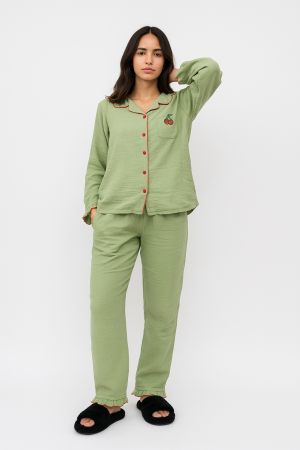 Pyjama en Lin Vert Olive – Broderie Cerise – R&N